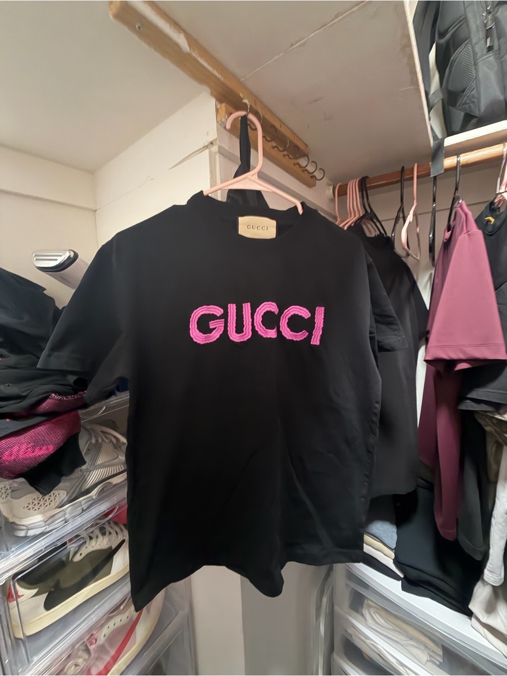 Gucci Black Tee with Pink Embroidered Logo